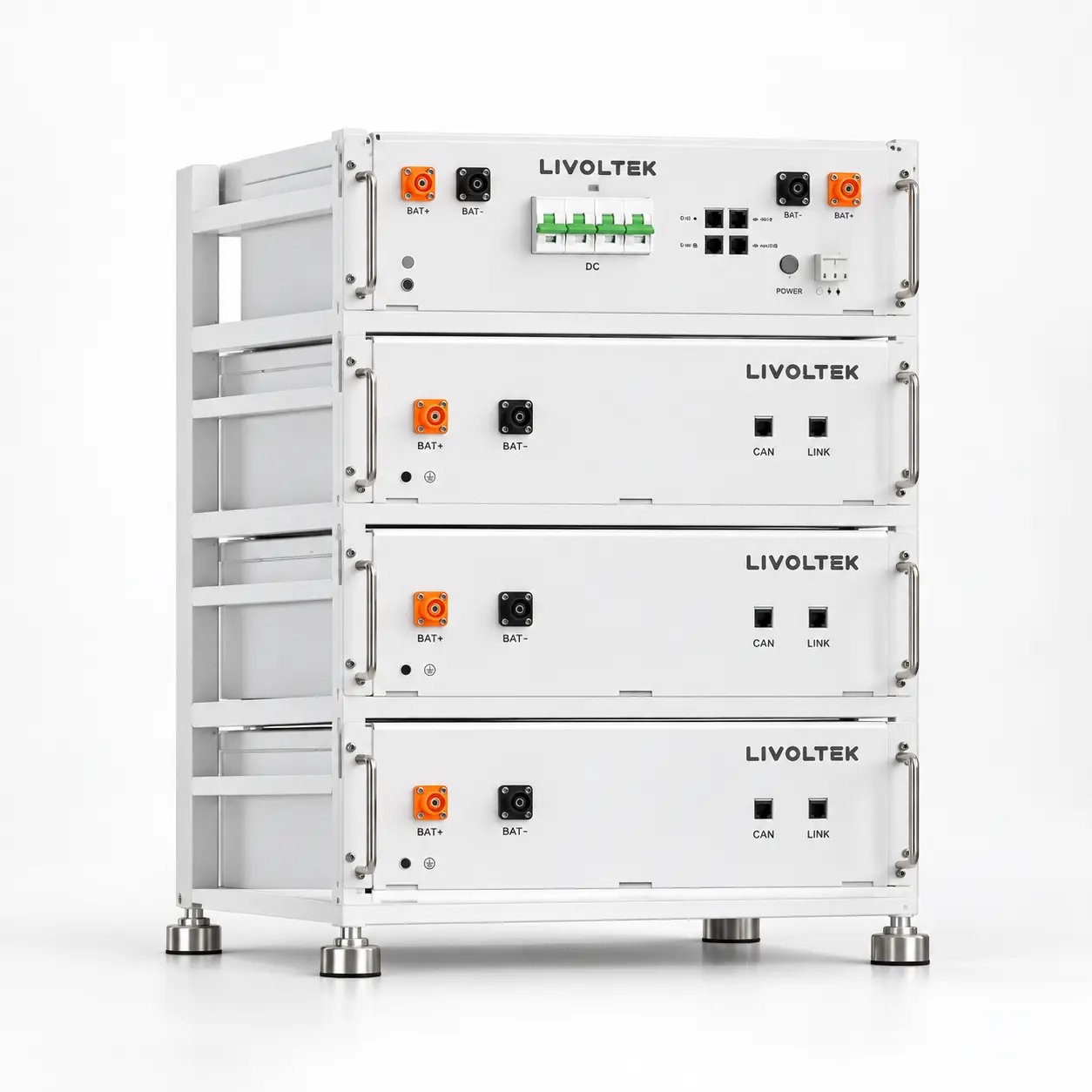 Комплект Livoltek BHF-C04ZY з 3 високовольтними батареями BHF-B51100 на білому фоні